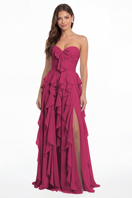 Fuchsia Strapless Ruffle Chiffon Slit Maxi Gown - Front View