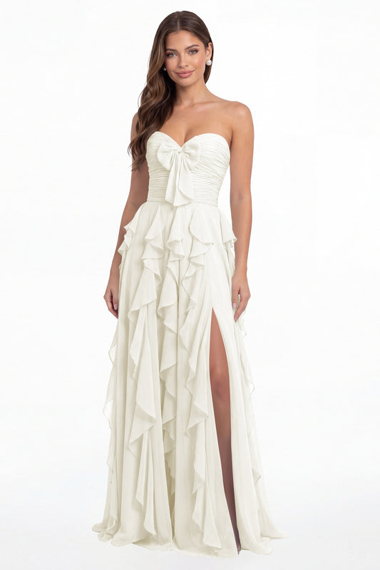 Ivory Strapless Ruffle Chiffon Slit Maxi Gown - Front View