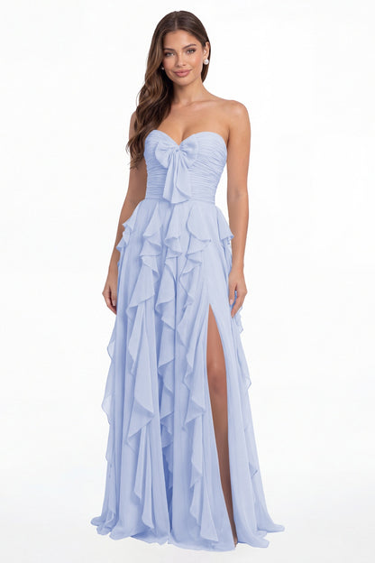 Lavender Strapless Ruffle Chiffon Slit Maxi Gown - Front View