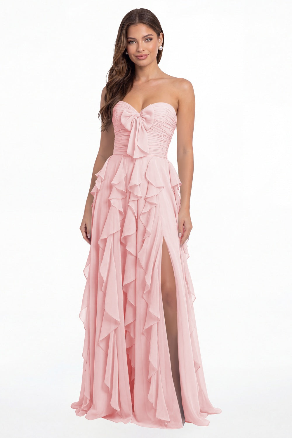Light Pink Strapless Ruffle Chiffon Slit Maxi Gown - Front View