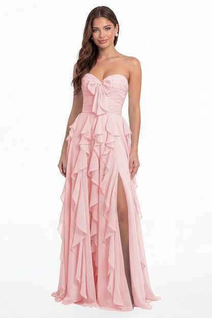 Light Pink Strapless Ruffle Chiffon Slit Maxi Gown - Front View