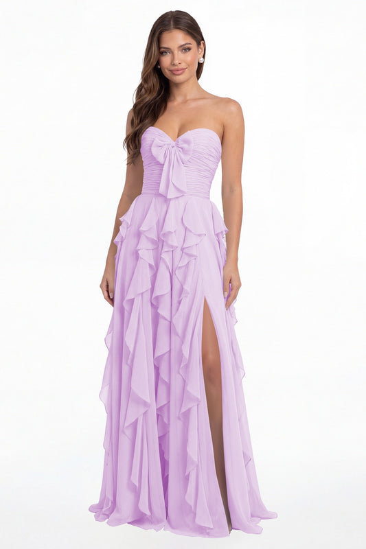 Lilac Strapless Ruffle Chiffon Slit Maxi Gown - Front View