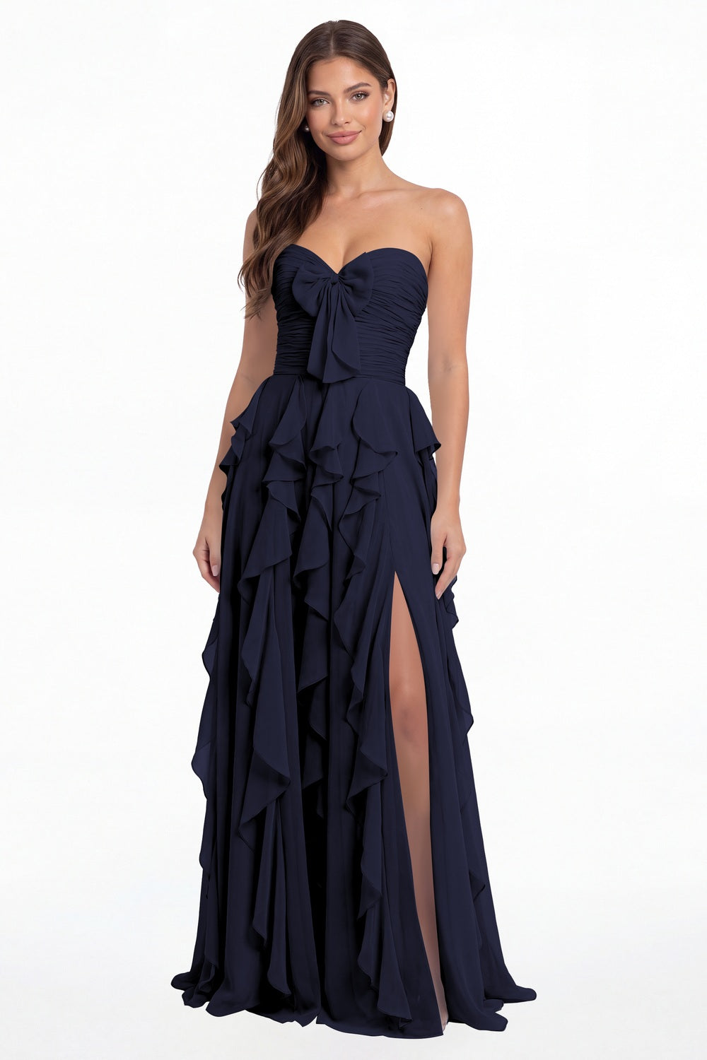 Navy Blue Strapless Ruffle Chiffon Slit Maxi Gown - Front View