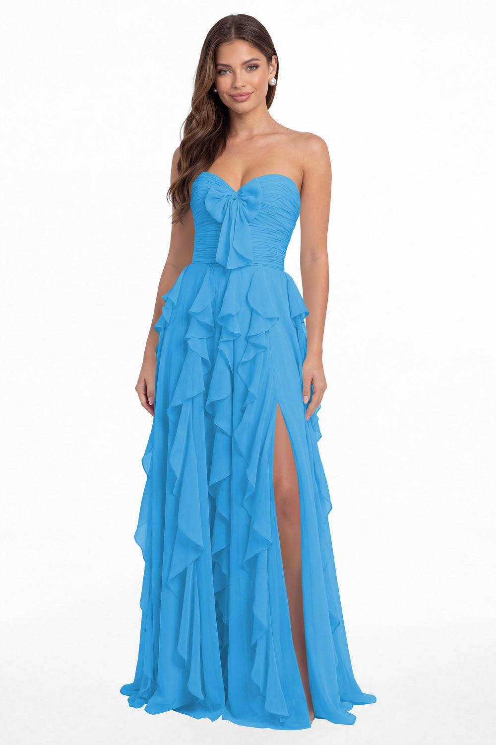 Ocean Blue Strapless Ruffle Chiffon Slit Maxi Gown - Front View
