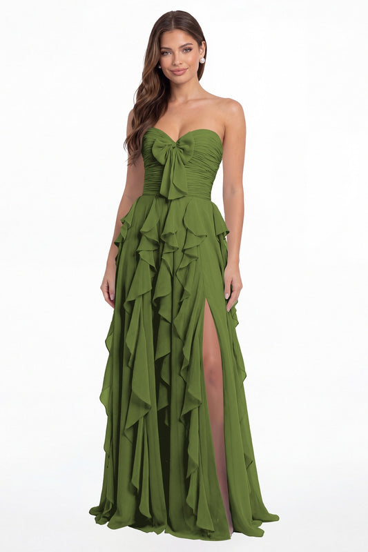 Olive Green Strapless Ruffle Chiffon Slit Maxi Gown - Front View