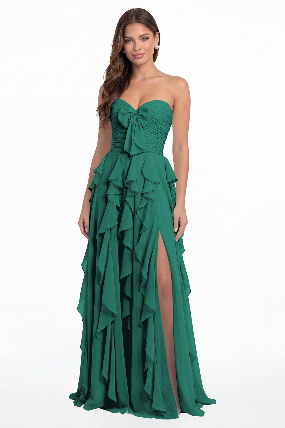 Peacock Strapless Ruffle Chiffon Slit Maxi Gown - Front View