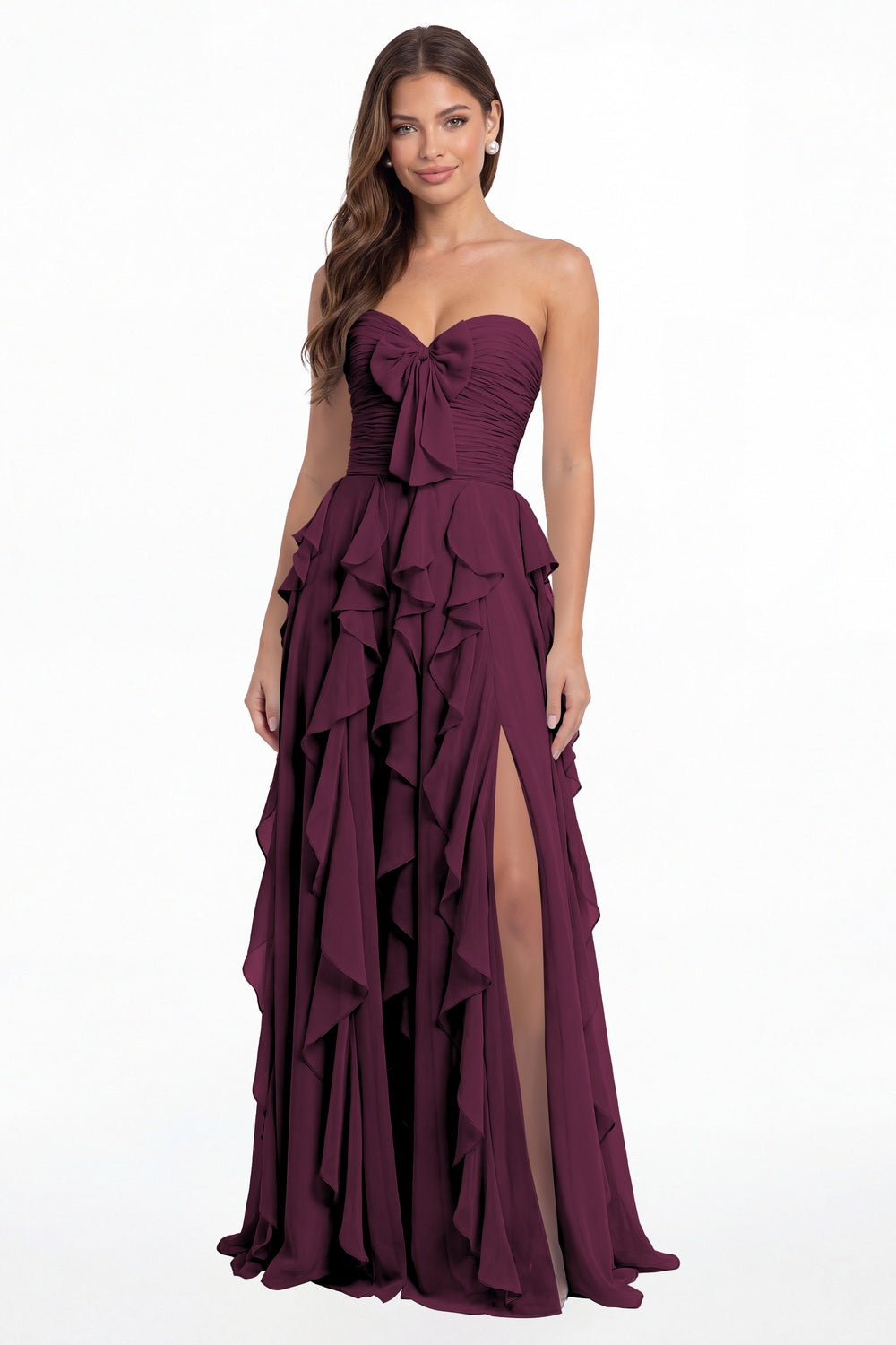 Plum Strapless Ruffle Chiffon Slit Maxi Gown - Front View