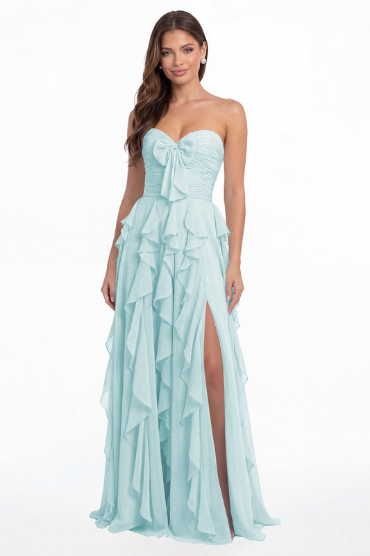 Powder Blue Strapless Ruffle Chiffon Slit Maxi Gown - Front View