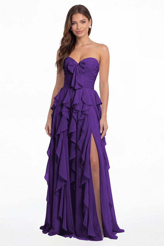 Purple Strapless Ruffle Chiffon Slit Maxi Gown - Front View