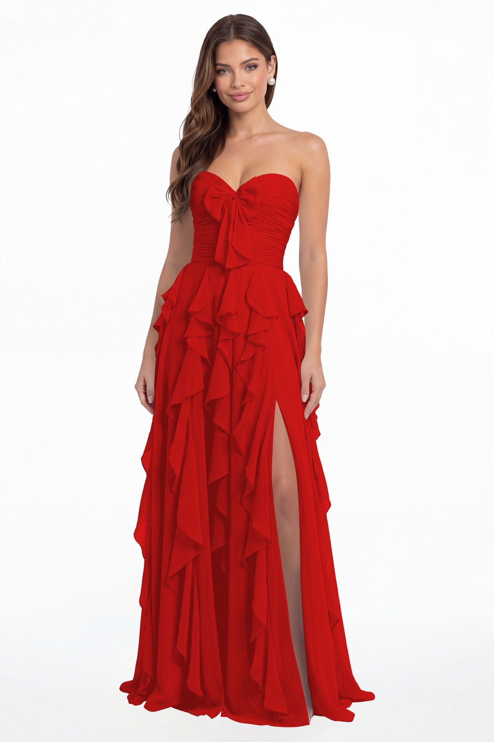 Red Strapless Ruffle Chiffon Slit Maxi Gown - Front View
