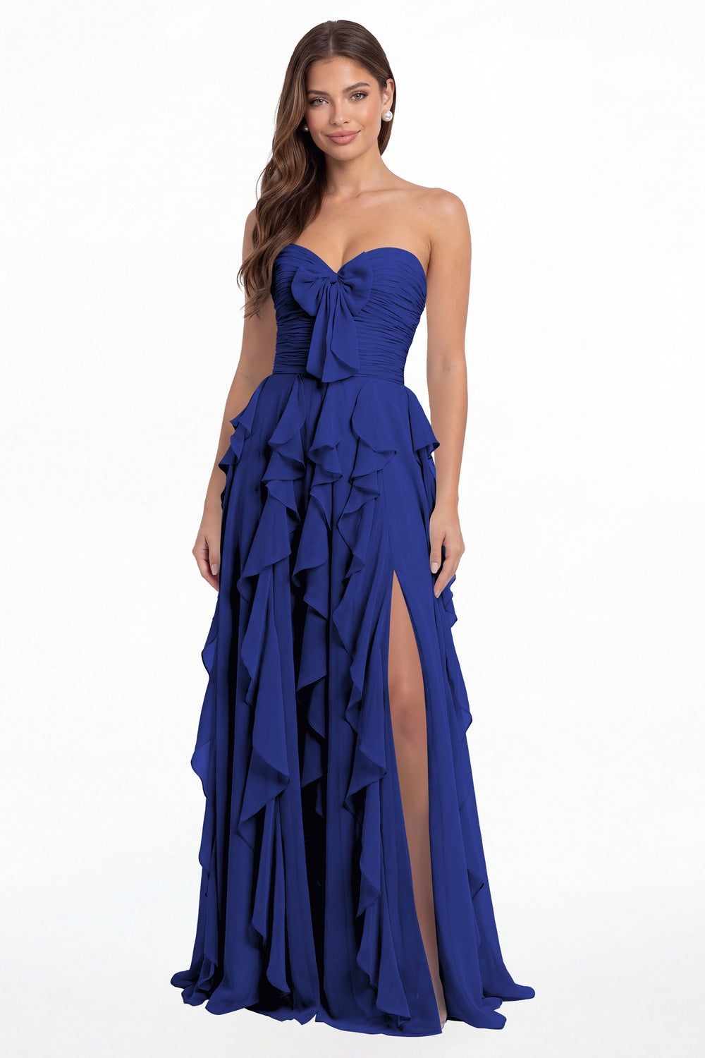 Royal Blue Strapless Ruffle Chiffon Slit Maxi Gown - Front View
