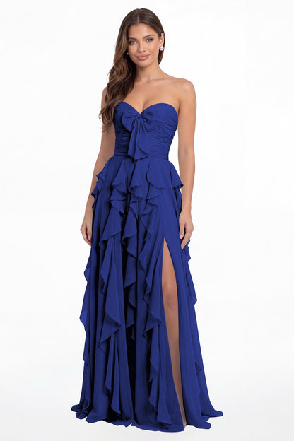 Royal Blue Strapless Ruffle Chiffon Slit Maxi Gown - Front View