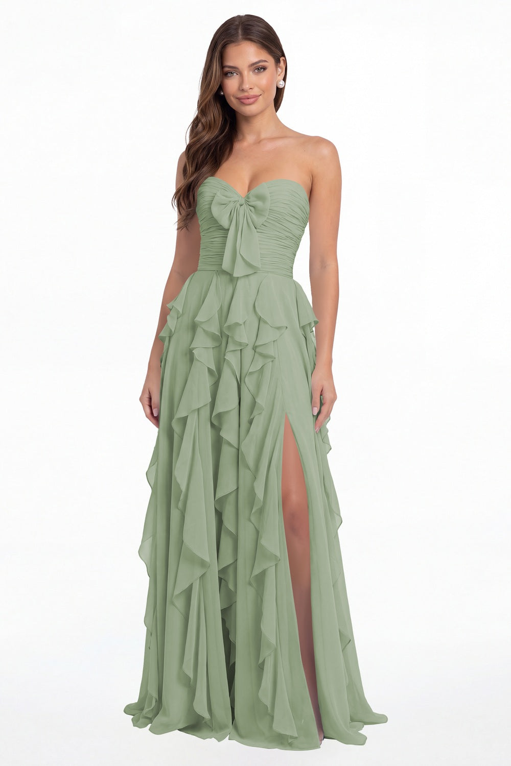 Sage Green Strapless Ruffle Chiffon Slit Maxi Gown - Front View