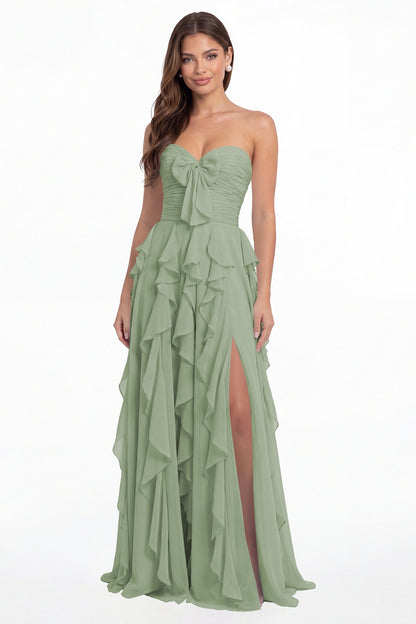 Sage Green Strapless Ruffle Chiffon Slit Maxi Gown - Front View
