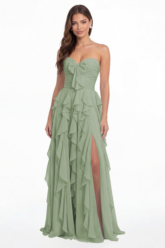 Sage Green Strapless Ruffle Chiffon Slit Maxi Gown - Front View