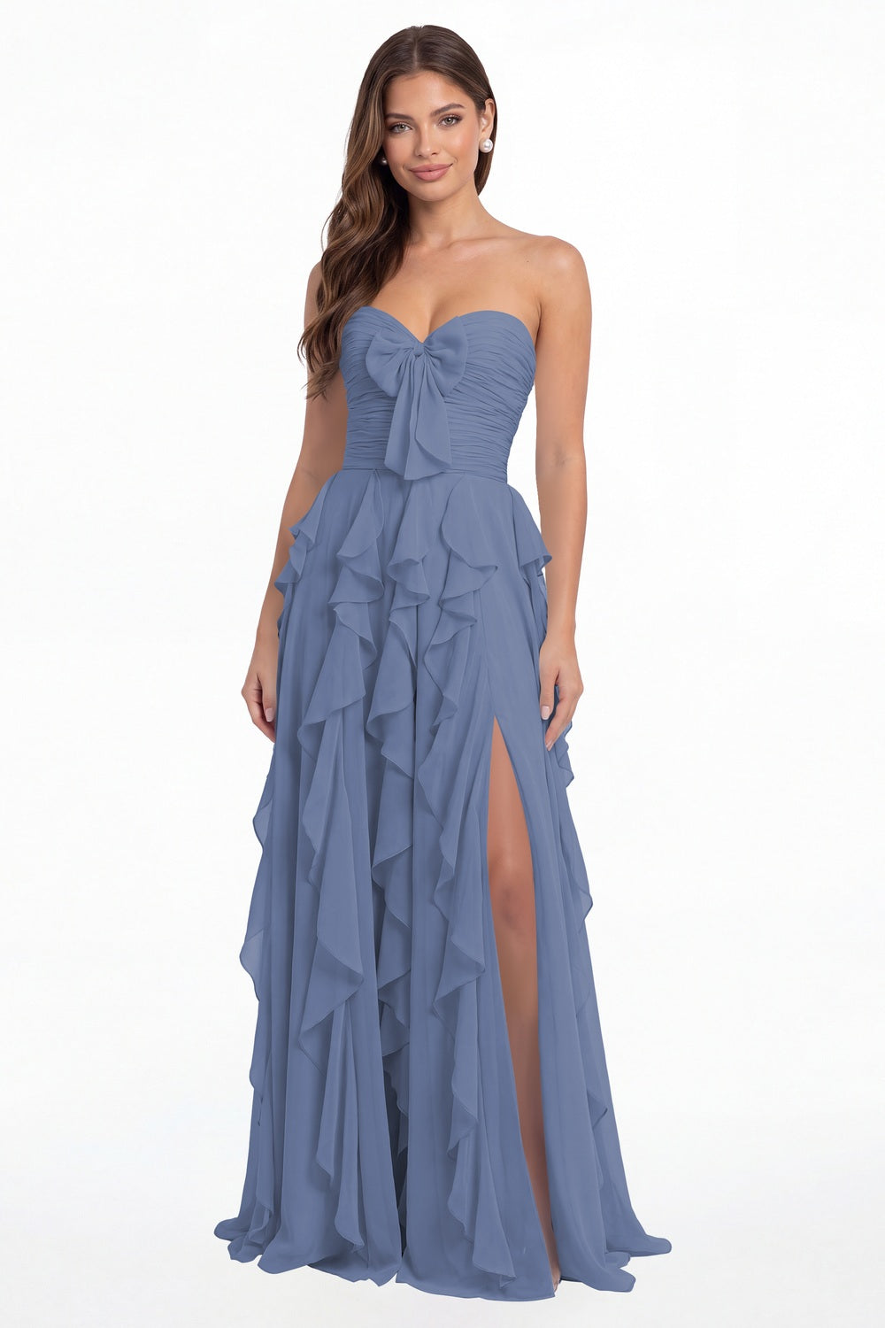 Steel Blue Strapless Ruffle Chiffon Slit Maxi Gown - Front View