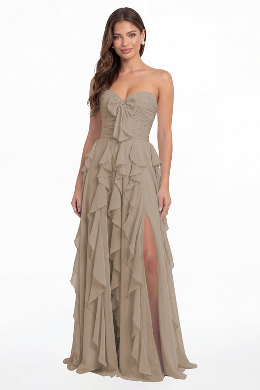 Taupe Strapless Ruffle Chiffon Slit Maxi Gown - Front View