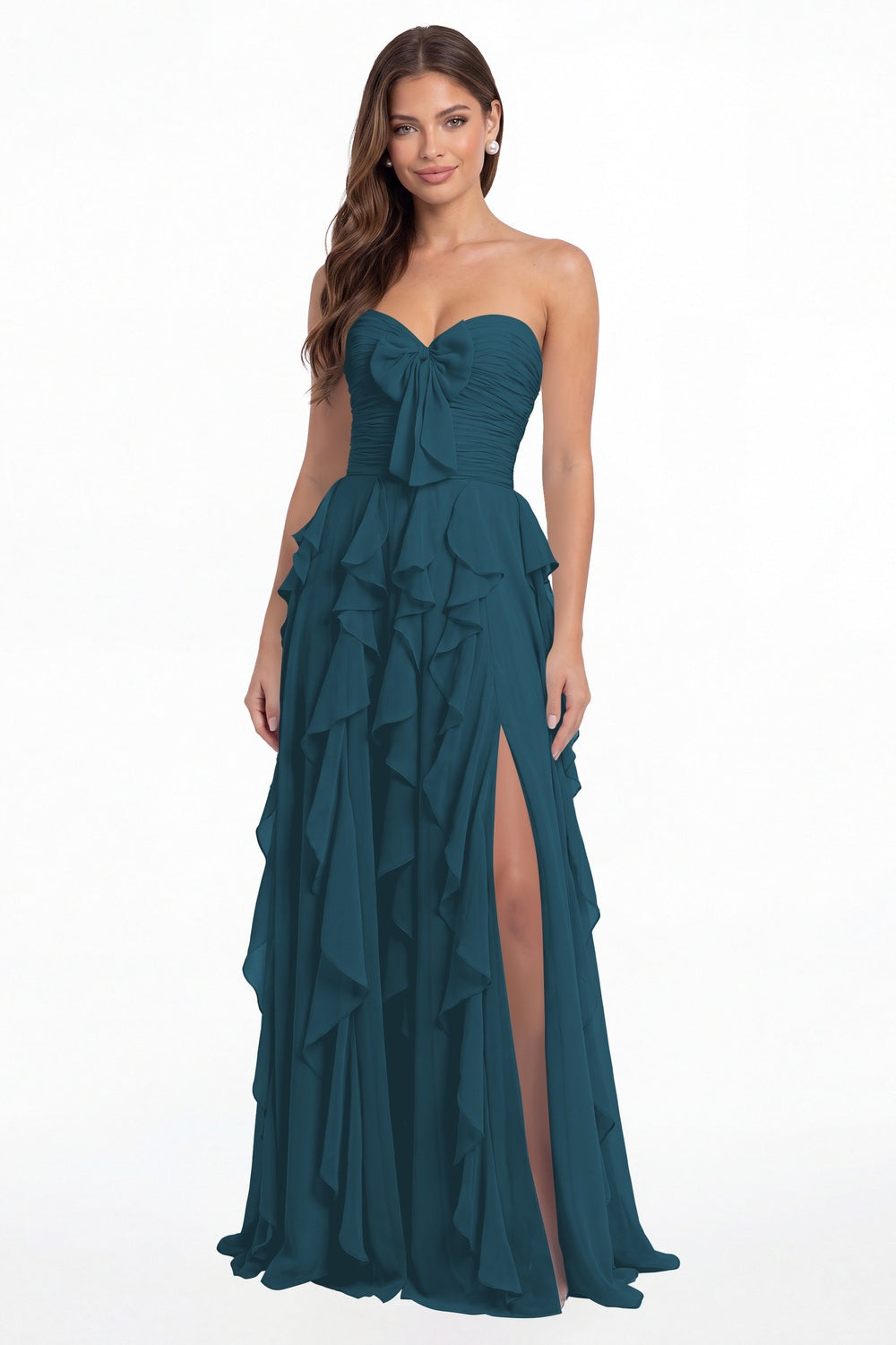 Teal Strapless Ruffle Chiffon Slit Maxi Gown - Front View