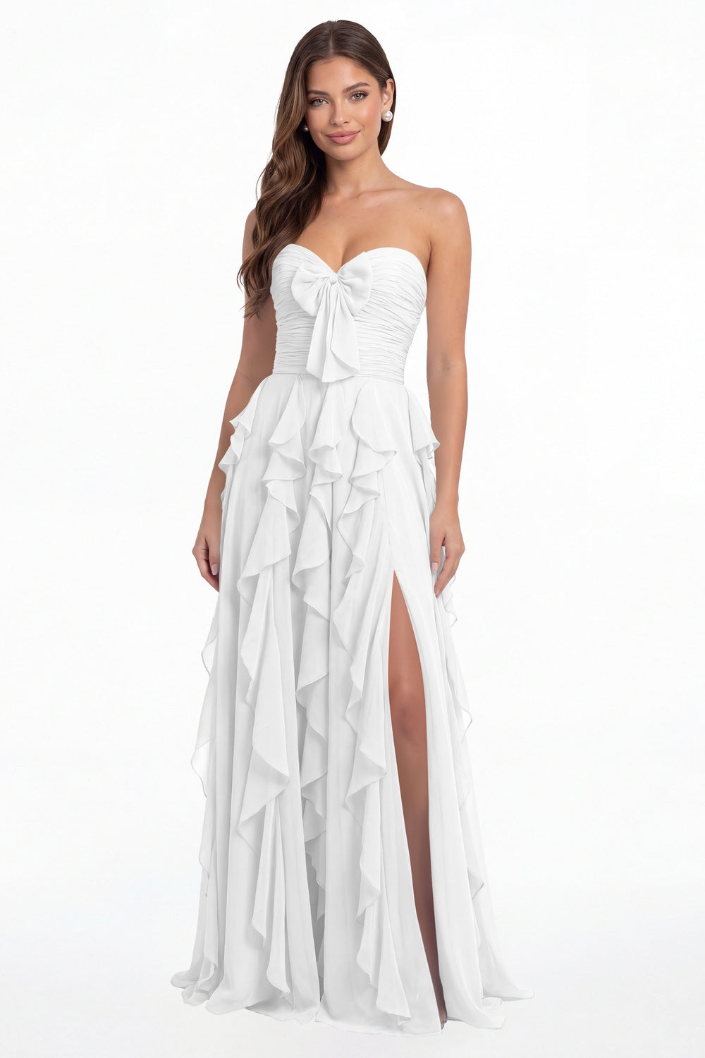 White Strapless Ruffle Chiffon Slit Maxi Gown - Front View