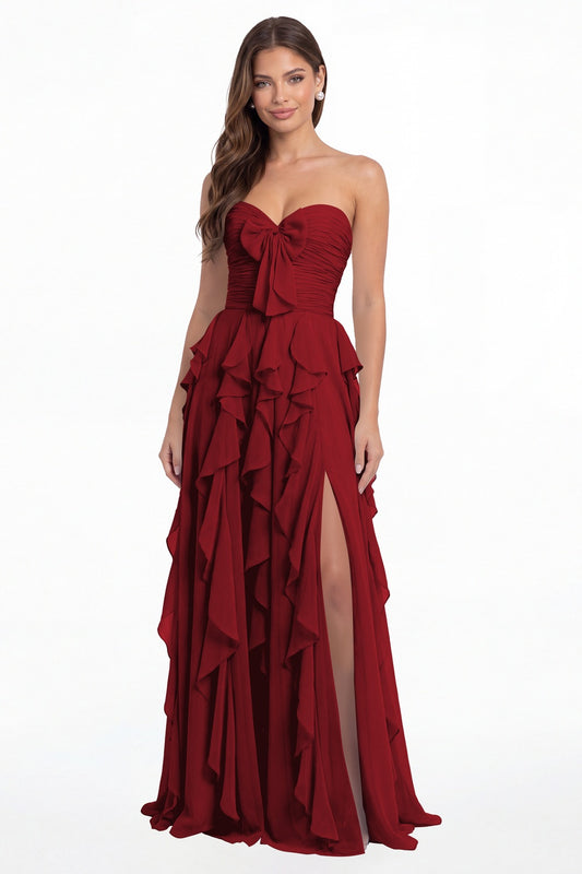 Wine Red Strapless Ruffle Chiffon Slit Maxi Gown - Front View