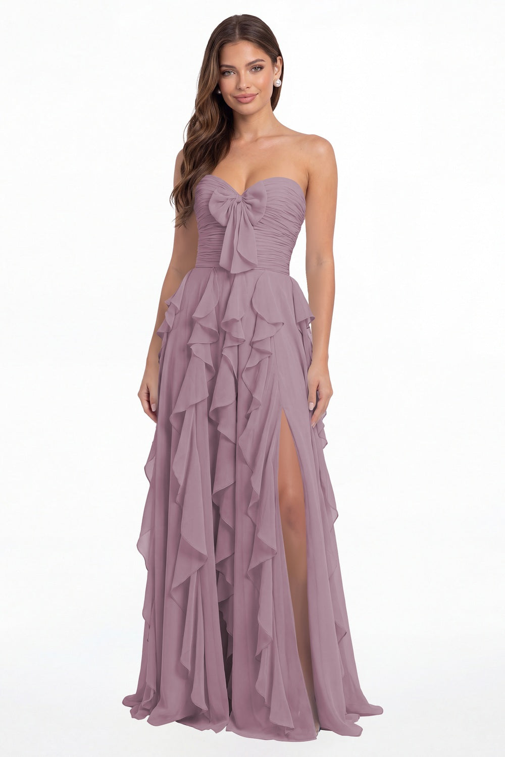 Wisteria Strapless Ruffle Chiffon Slit Maxi Gown - Front View