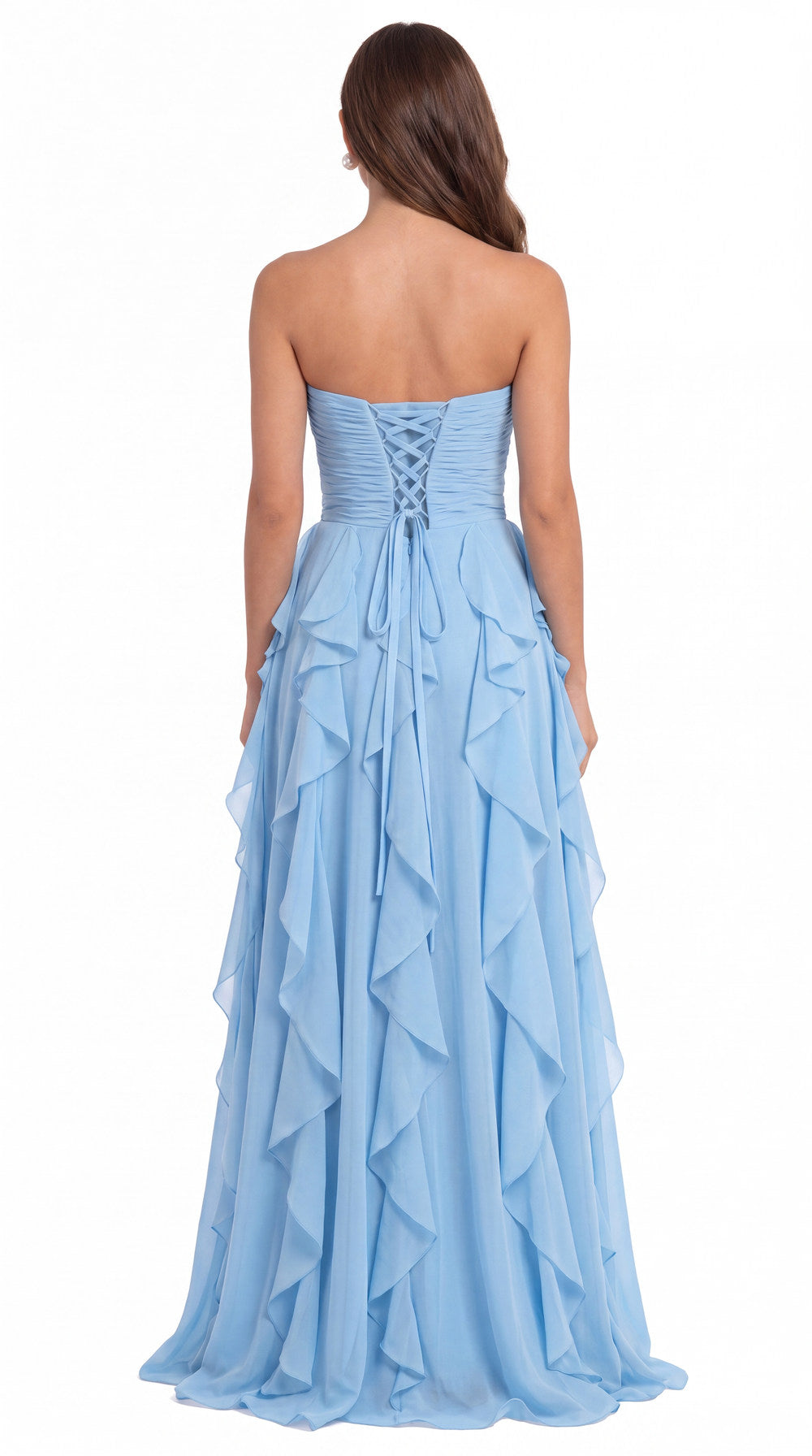 Strapless Bow Ruffle Chiffon Slit Prom Dress - Back View