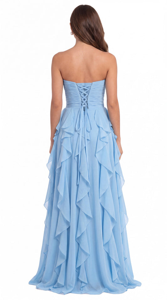 Strapless Bow Ruffle Chiffon Slit Prom Dress - Back View