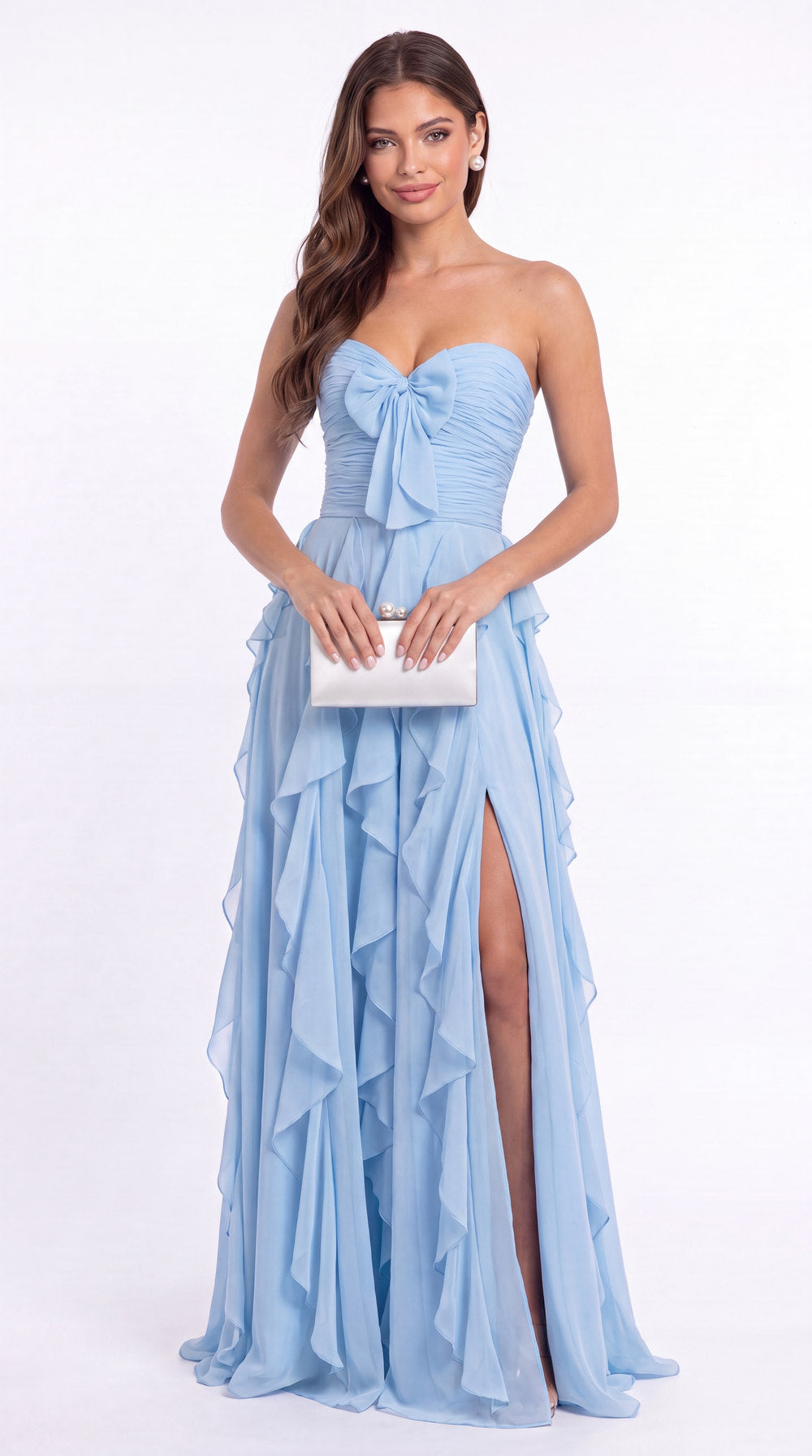 Strapless Bow Ruffle Chiffon Slit Prom Dress - Detail View 3