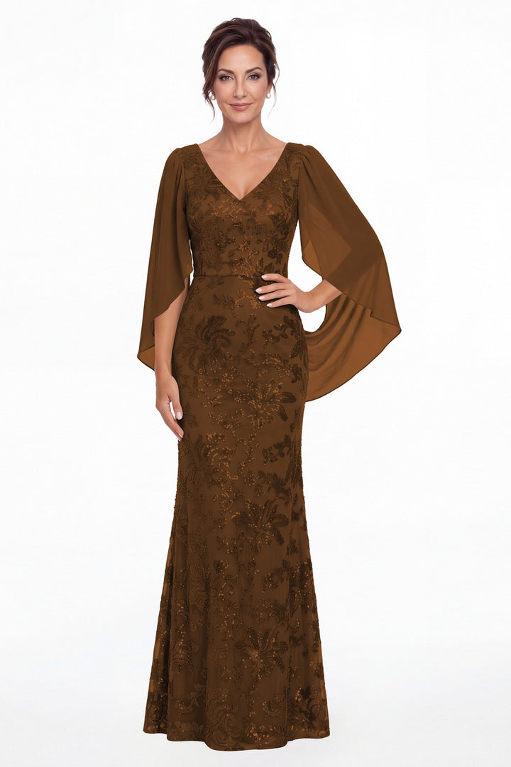 Brown V Neck Cape Sleeve Sequin Chiffon Maxi Gown - Front View