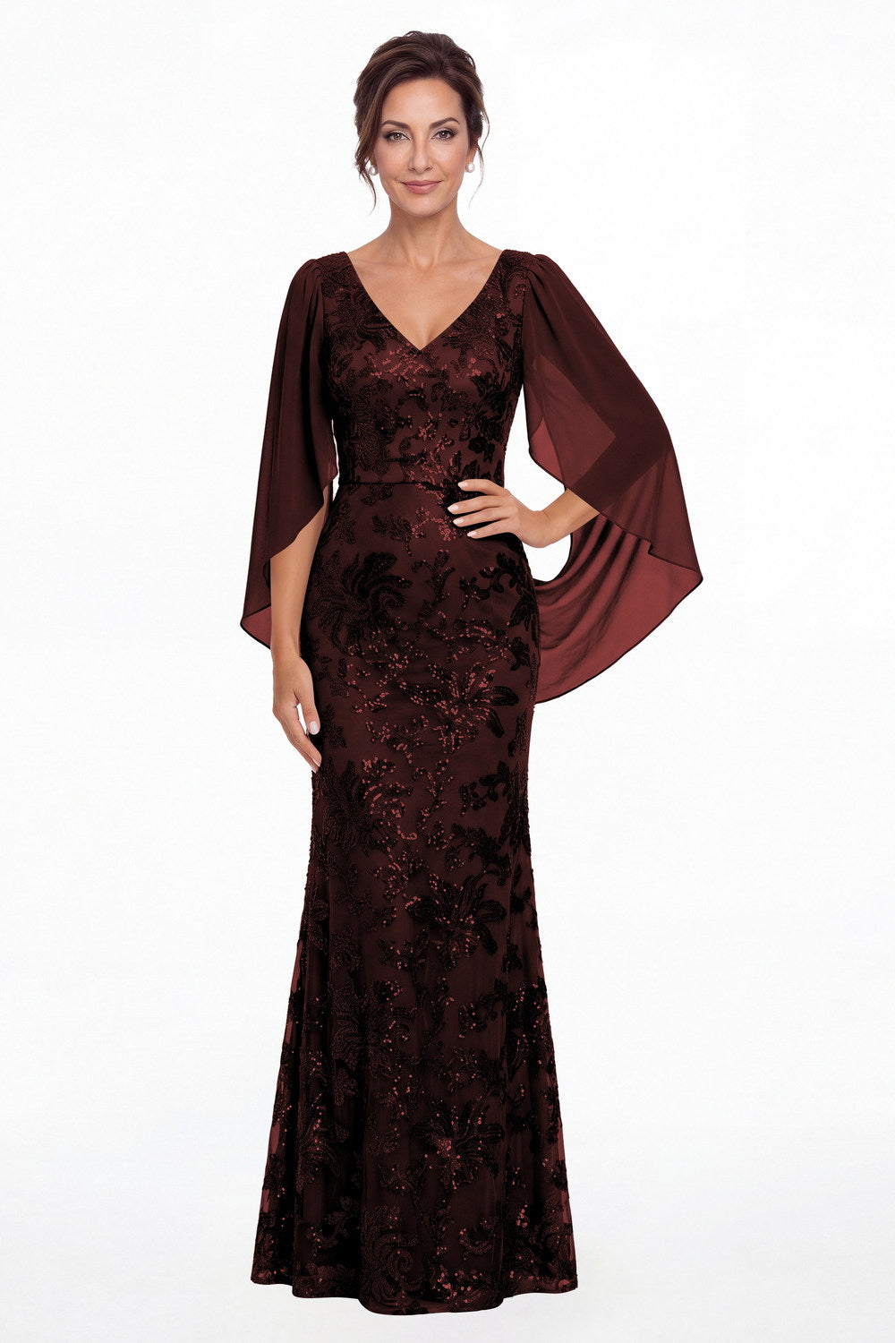 Burgundy V Neck Cape Sleeve Sequin Chiffon Maxi Gown - Front View