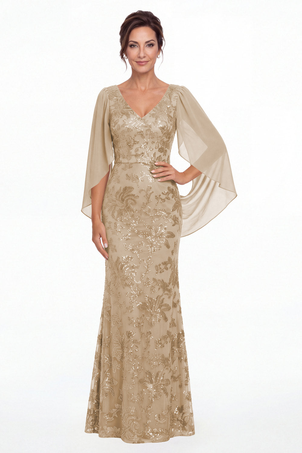 Champagne V Neck Cape Sleeve Sequin Chiffon Maxi Gown - Front View