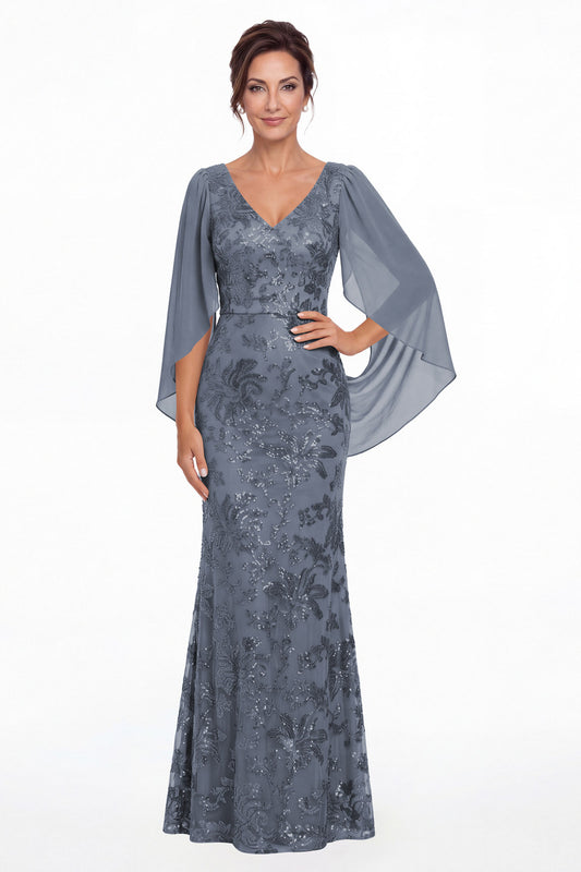Dusty Blue V Neck Cape Sleeve Sequin Chiffon Maxi Gown - Front View