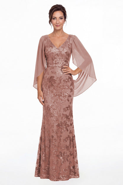 Dusty Rose V Neck Cape Sleeve Sequin Chiffon Maxi Gown - Front View