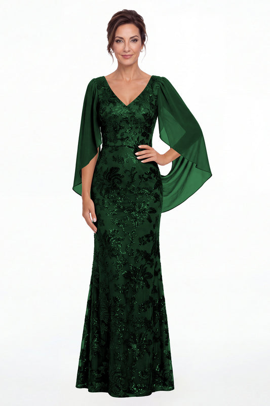 Emerald Green V Neck Cape Sleeve Sequin Chiffon Maxi Gown - Front View