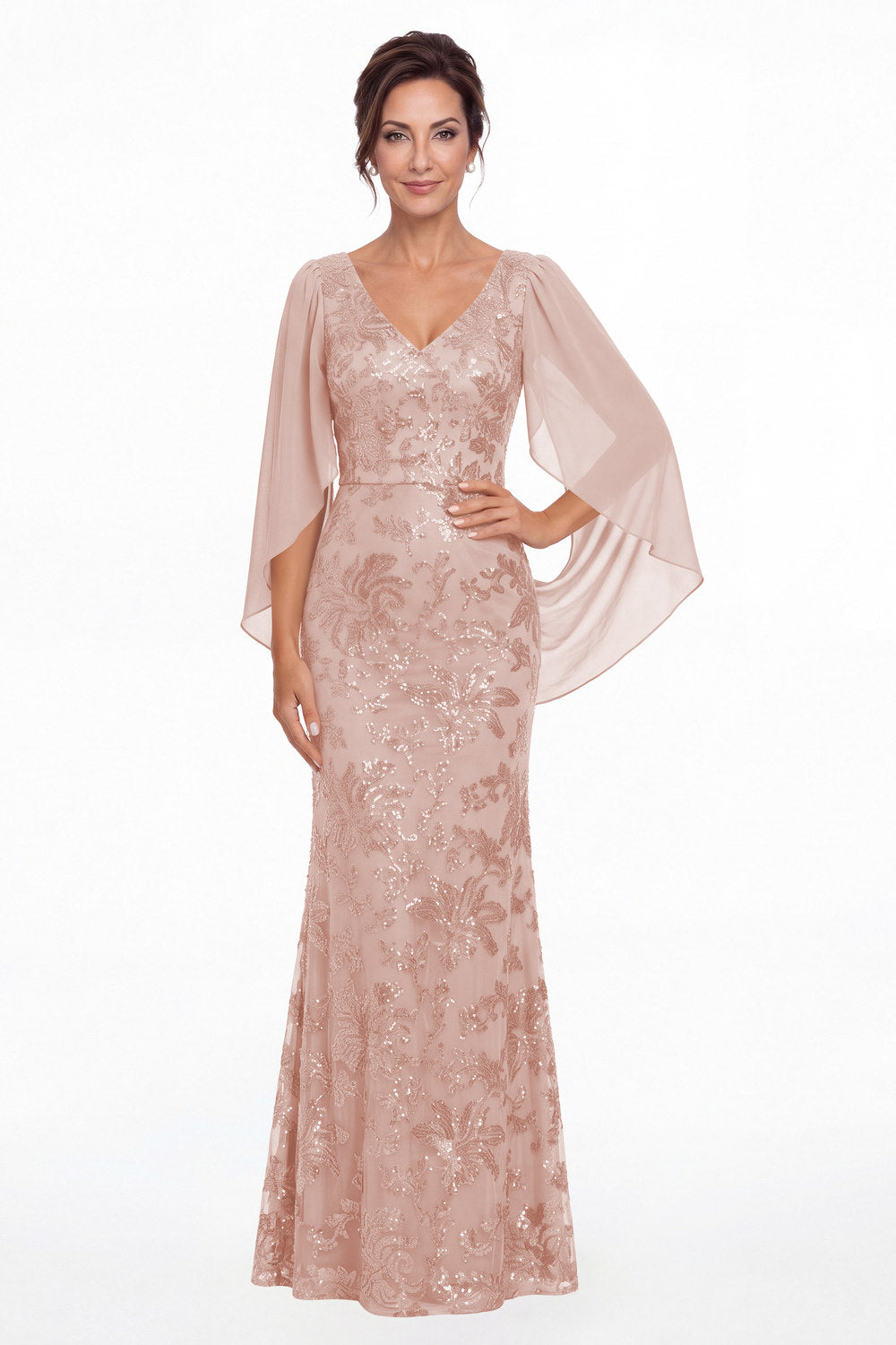 Light Pink V Neck Cape Sleeve Sequin Chiffon Maxi Gown - Front View