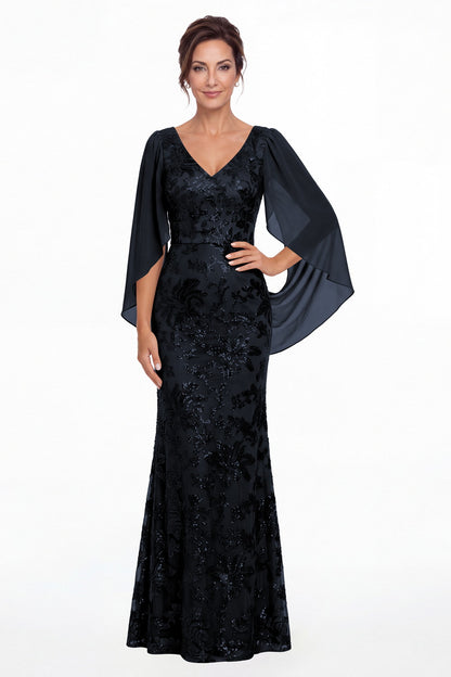 Navy Blue V Neck Cape Sleeve Sequin Chiffon Maxi Gown - Front View