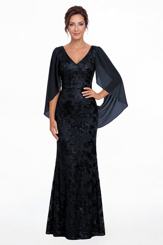 Navy Blue V Neck Cape Sleeve Sequin Chiffon Maxi Gown - Front View
