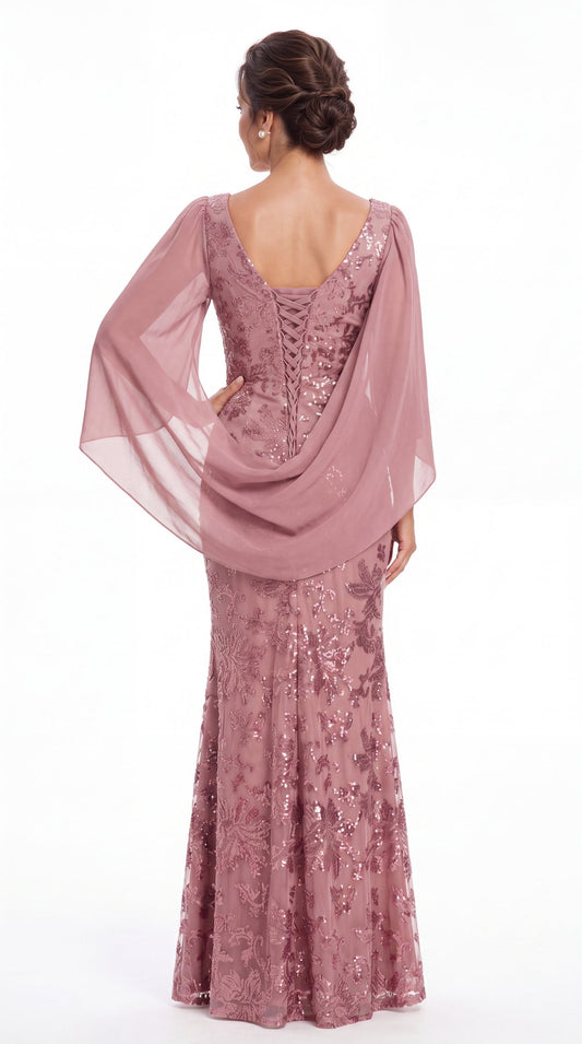 V Neck Cape Sleeve Sequin Chiffon Maxi Gown - Back View