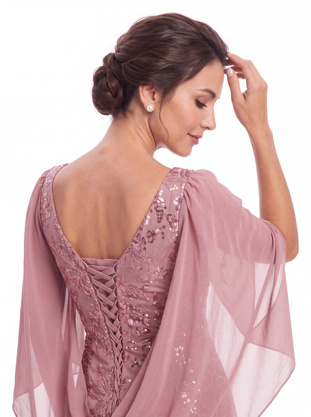 V Neck Cape Sleeve Sequin Chiffon Maxi Gown - Detail View 1