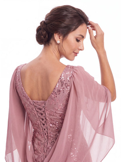 V Neck Cape Sleeve Sequin Chiffon Maxi Gown - Detail View 1