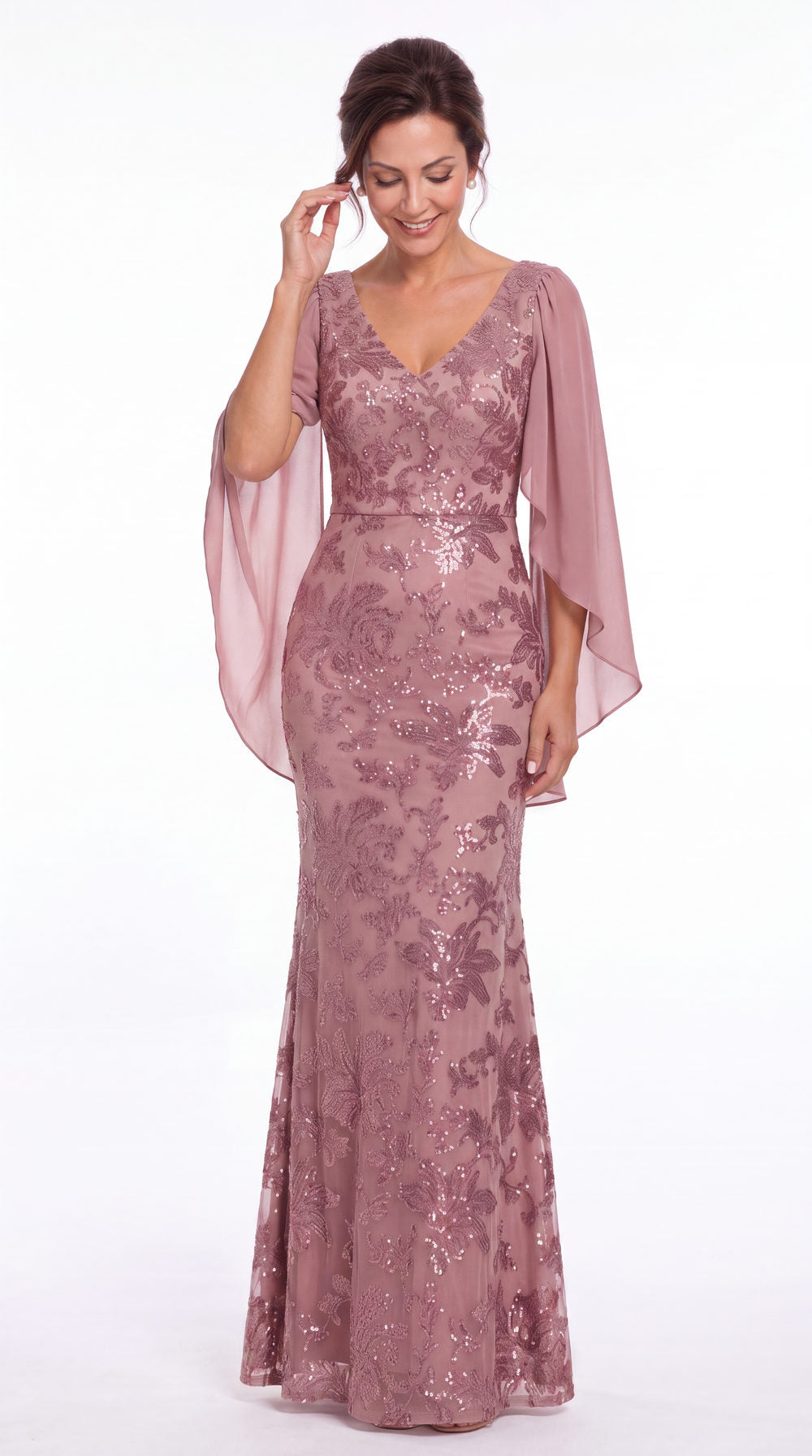 V Neck Cape Sleeve Sequin Chiffon Maxi Gown - Detail View 3