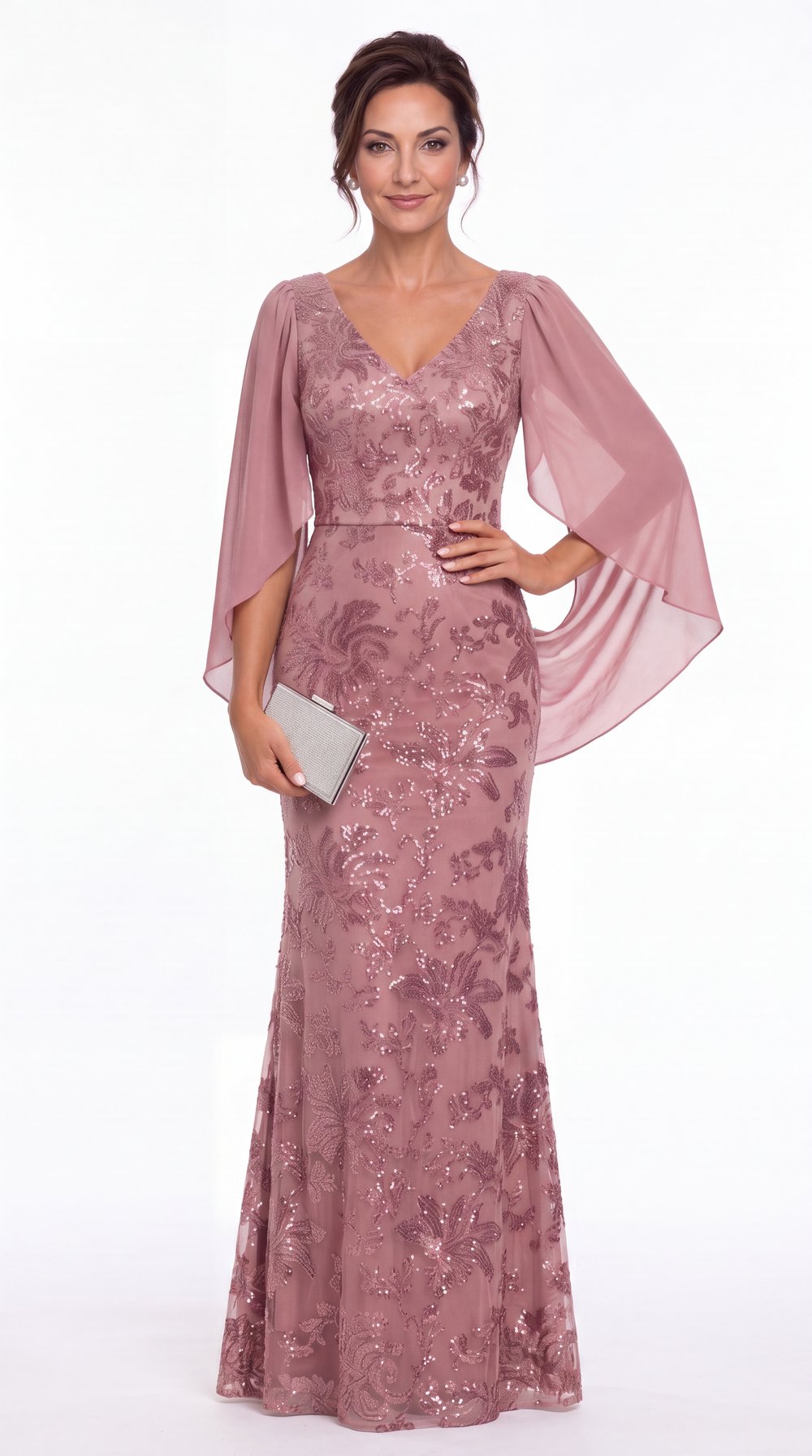 V Neck Cape Sleeve Sequin Chiffon Maxi Gown - Detail View 4