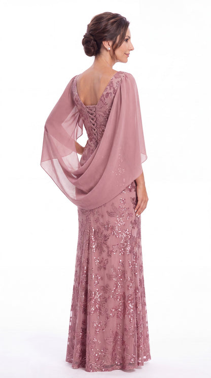 V Neck Cape Sleeve Sequin Chiffon Maxi Gown - Detail View 5