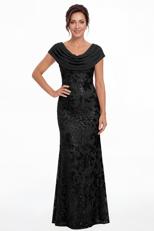 Black Draped Cowl Neck Sequin Chiffon Maxi Gown - Front View