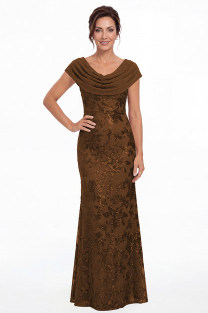 Brown Draped Cowl Neck Sequin Chiffon Maxi Gown - Front View