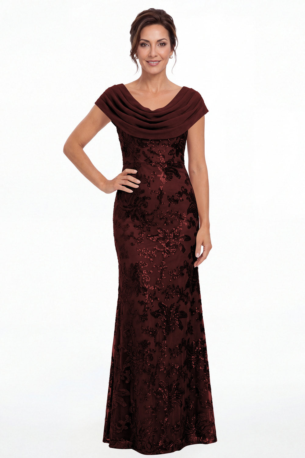 Burgundy Draped Cowl Neck Sequin Chiffon Maxi Gown - Front View