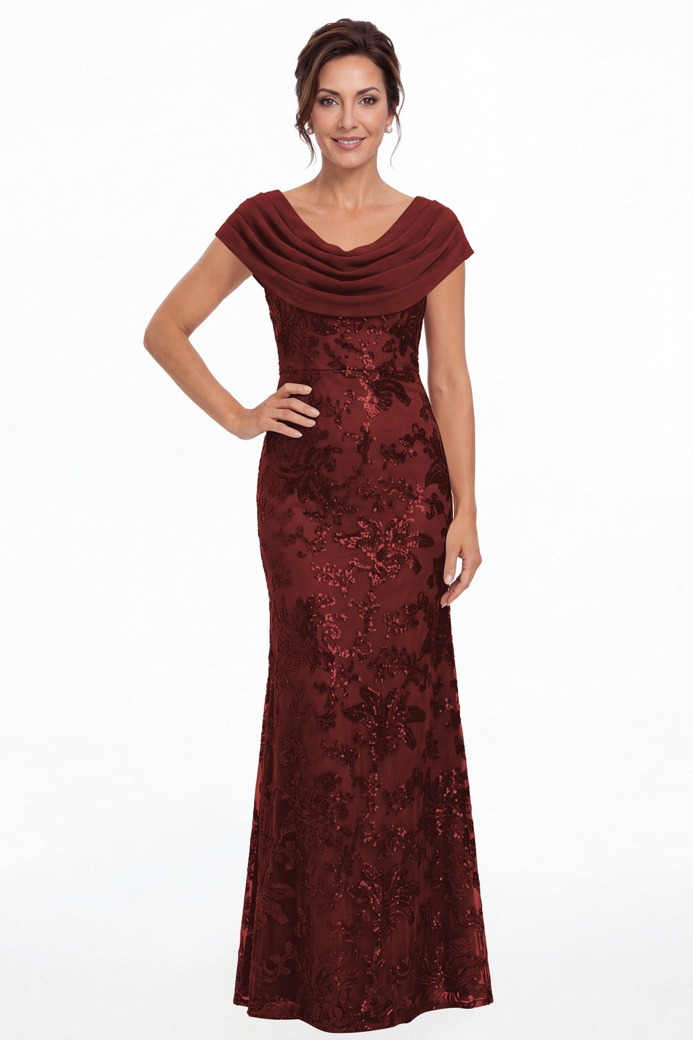 Burgundy Draped Cowl Neck Sequin Chiffon Maxi Gown - Front View