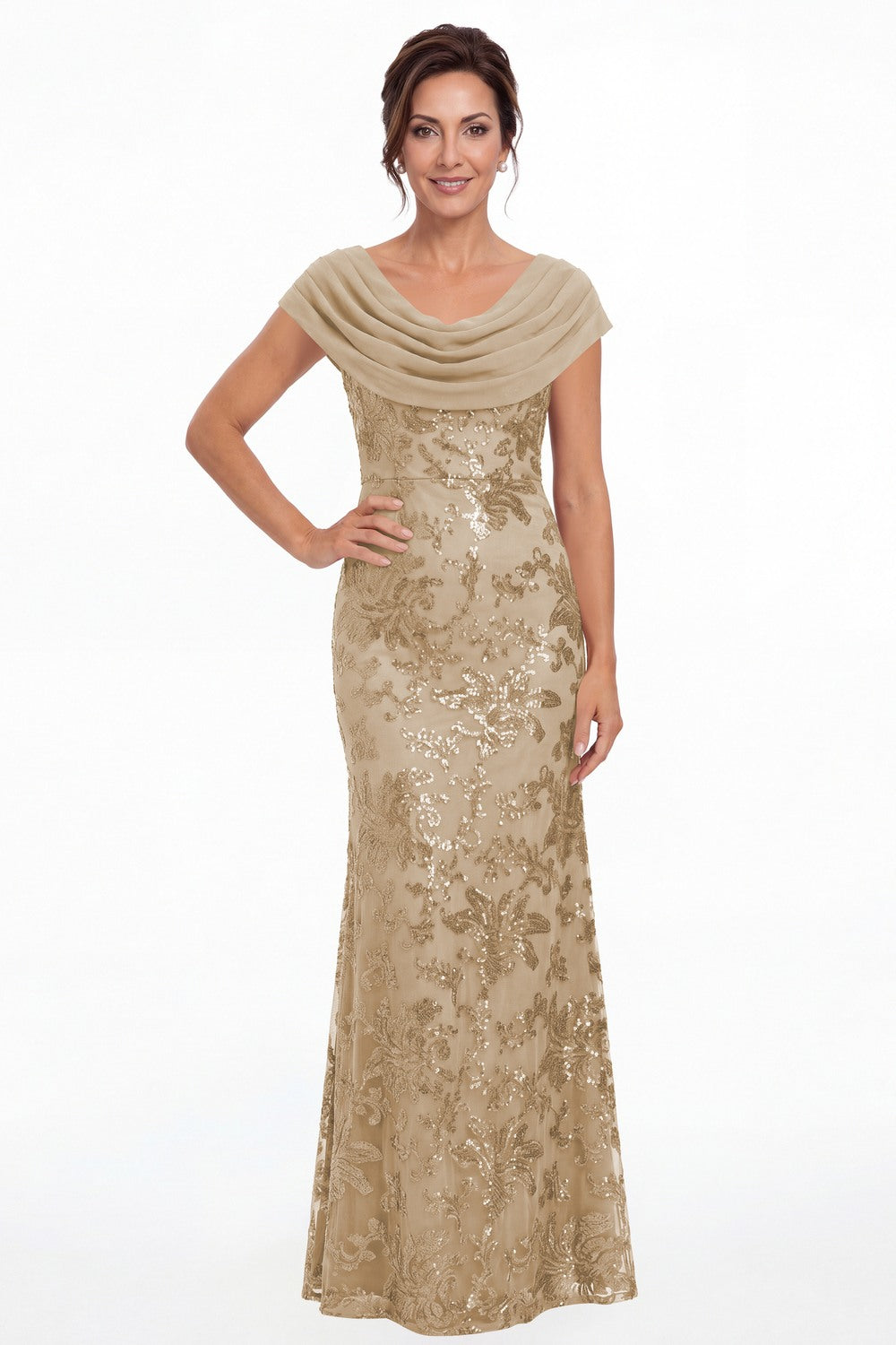 Champagne Draped Cowl Neck Sequin Chiffon Maxi Gown - Front View