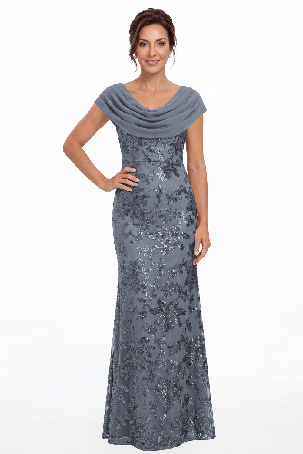 Dusty Blue Draped Cowl Neck Sequin Chiffon Maxi Gown - Front View