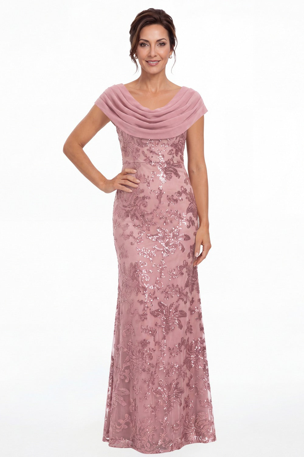 Dusty Rose Draped Cowl Neck Sequin Chiffon Maxi Gown - Front View